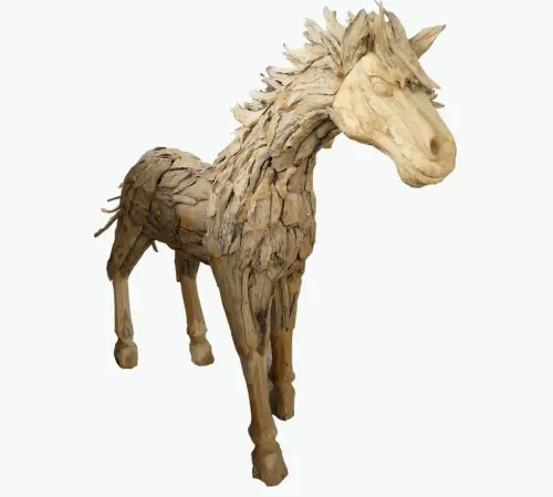 Product image of the product “Standing Horse , the head is carved into wood, the body is made from single teak root pieces. The size is sbout 240cm lenght and 180cm height. ”